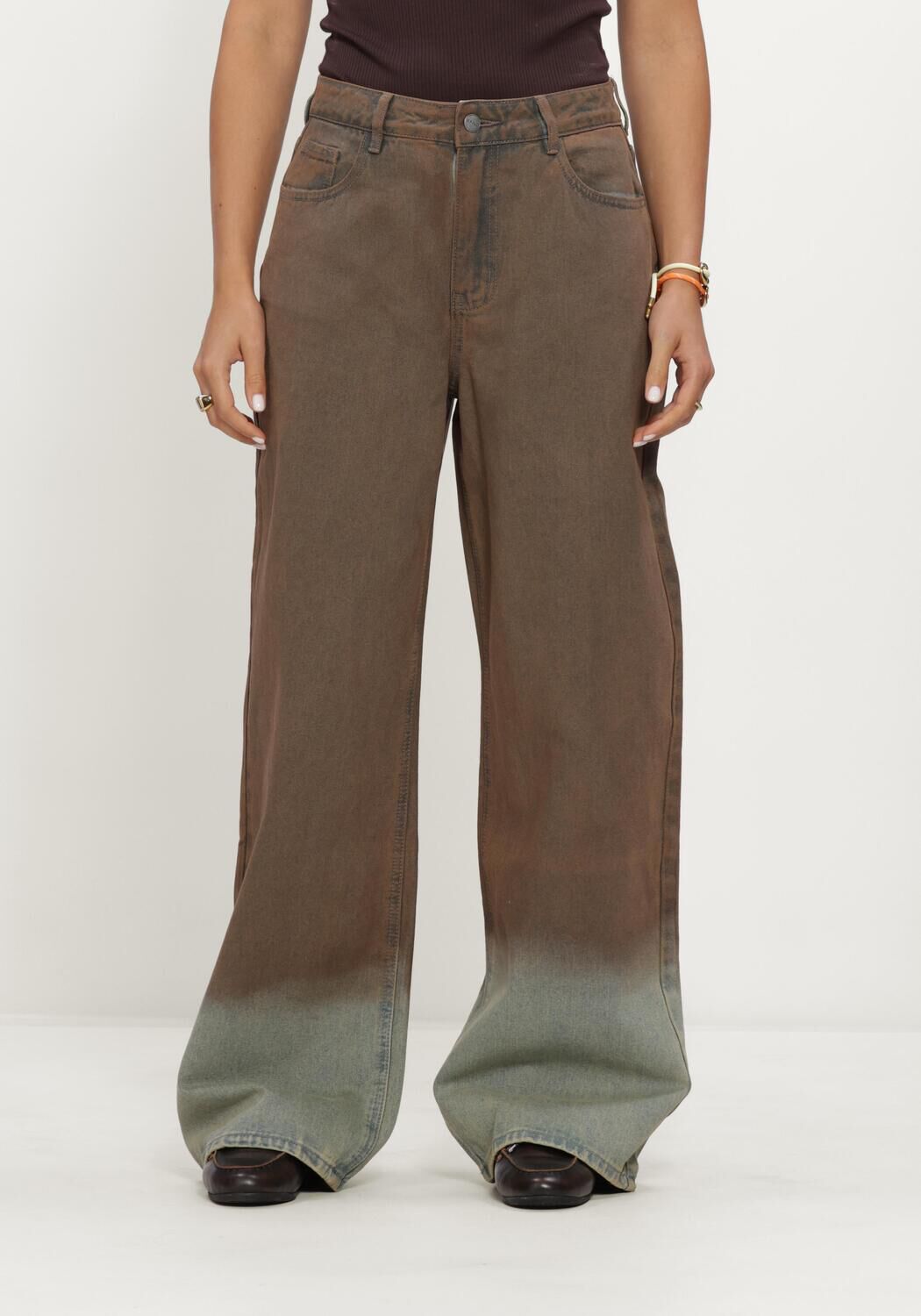 Bruine REFINED DEPARTMENT Wide jeans LADIES WOVEN WASHED DENIM PAYTON - large