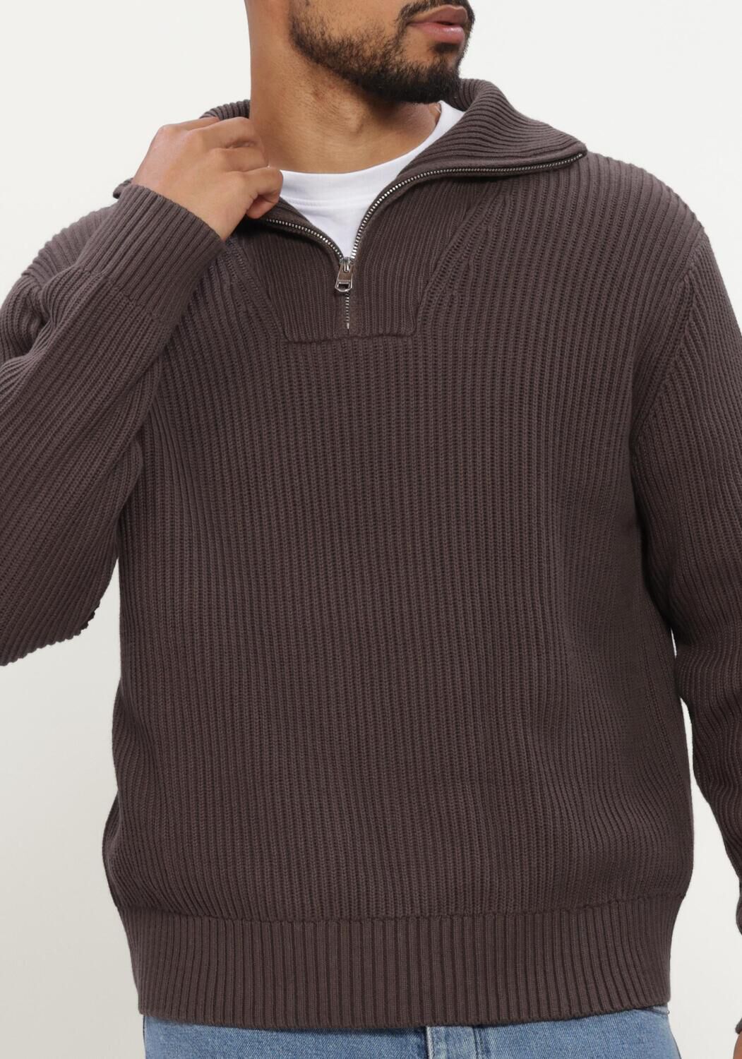 SELECTED MEN Pull SLMDRY LS KNIT HALF ZIP en marron - large