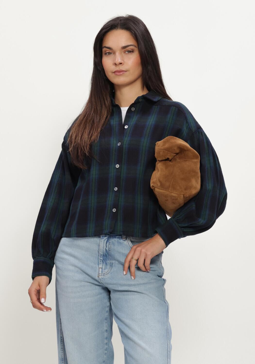 Donkerblauwe BY-BAR  SARAH SHORT GREEN CHECK BLOUSE - large