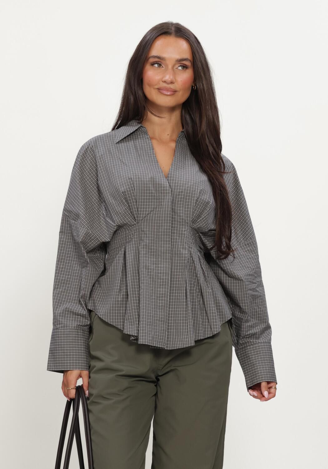 Grijze CATWALK JUNKIE  CHECK BLOUSE WITH WAIST PLEATS - large