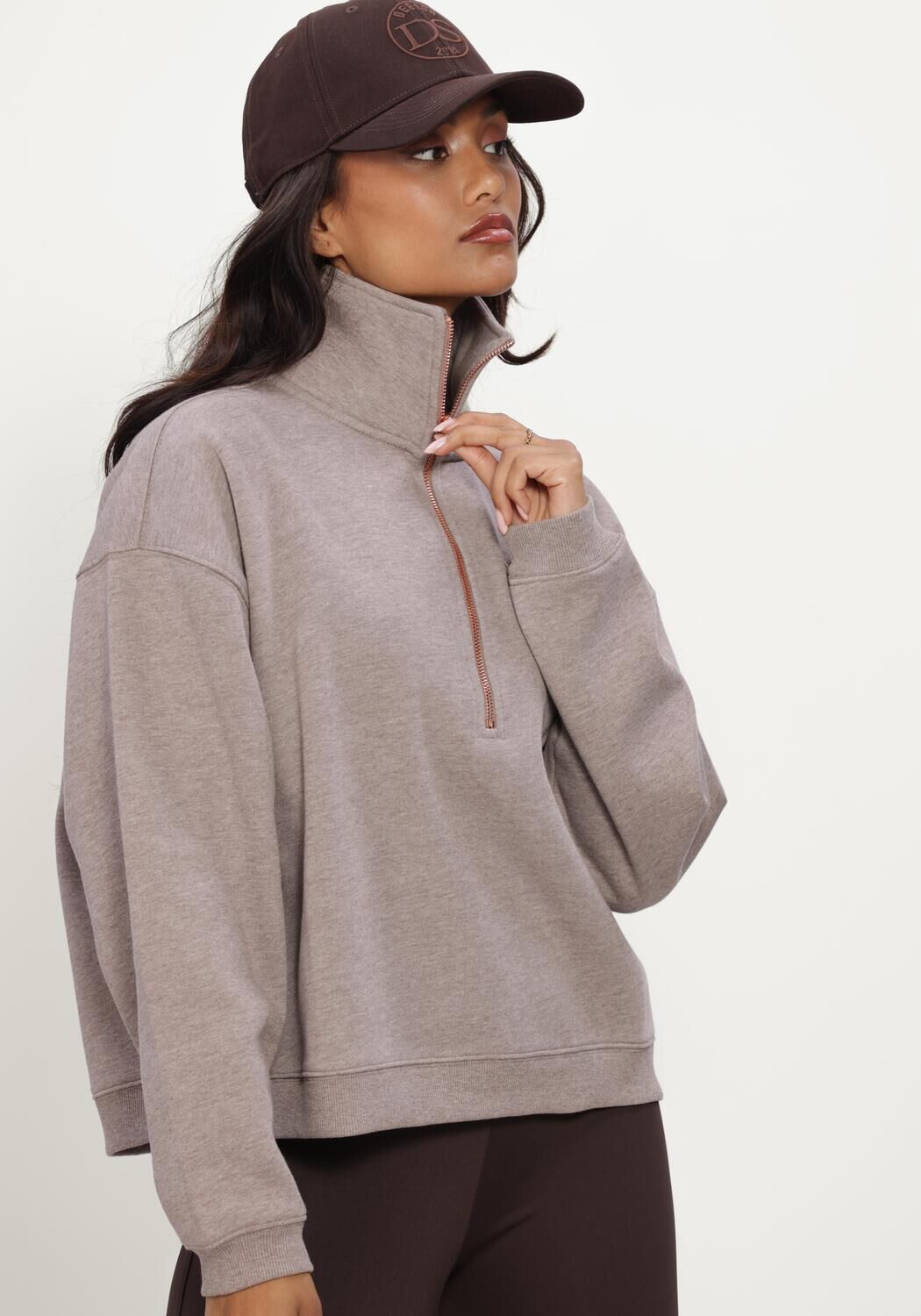 Taupe DEBLON SPORTS Sweater AISHA HALF ZIP SWEATER - large