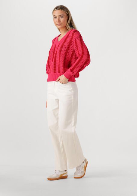 Rode COLOURFUL REBEL Trui LIZZA CROCHET STRIPE V-NECK SWEATER - large