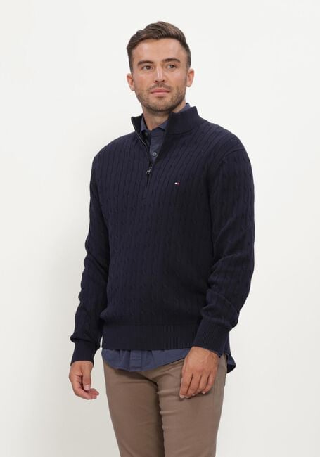 TOMMY HILFIGER Pull CLASSIC COTTON CABLE ZIP MOCK Bleu fonc&eacute; - large