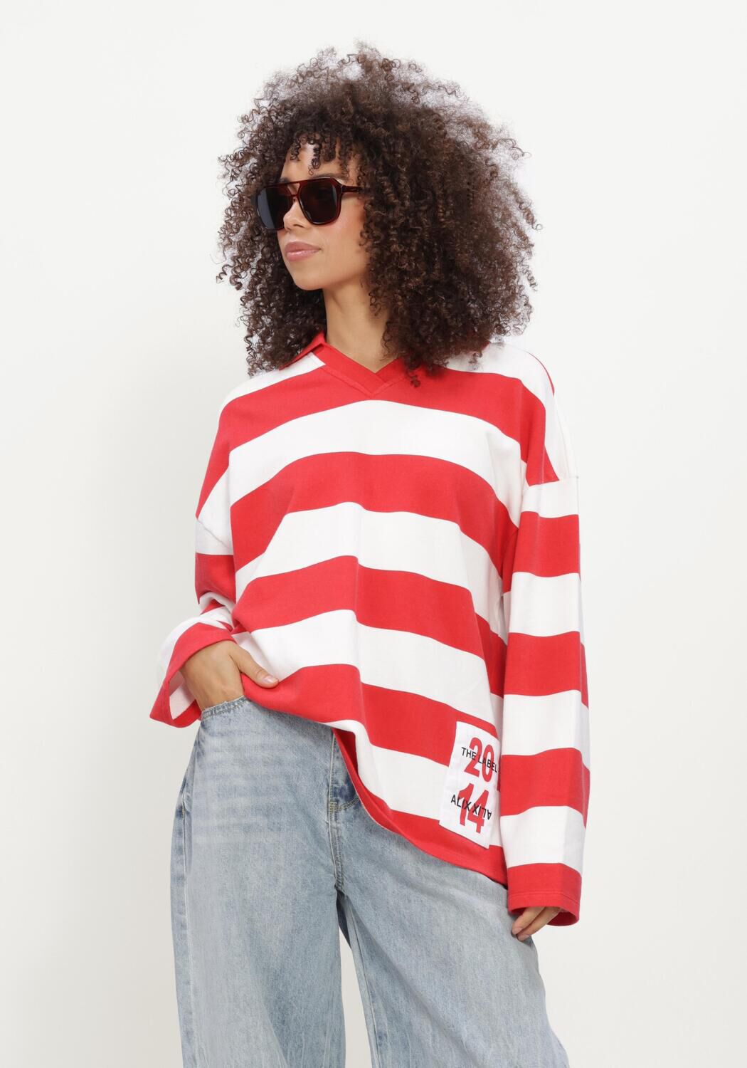 ALIX THE LABEL LADIES KNITTED BLOCK STRIPE POLO SWEATER Pulls & Gilets en rouge - large