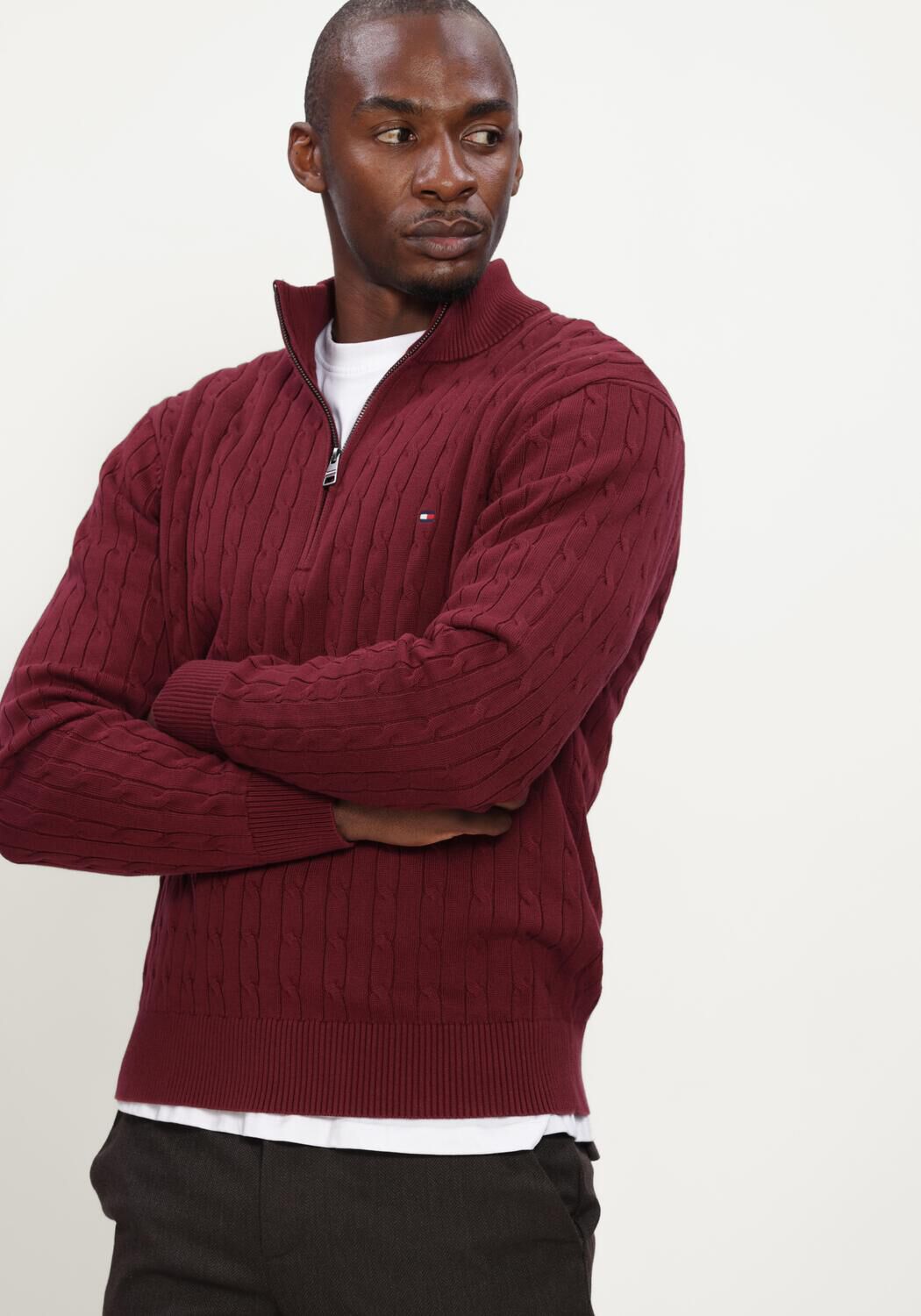 Bordeaux TOMMY HILFIGER Trui CLASSIC COTTON CABLE ZIP MOCK - large