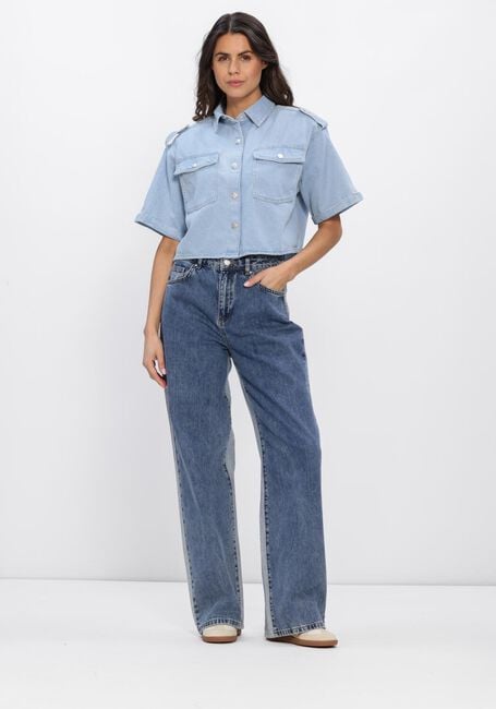 Lichtblauwe ALIX THE LABEL  LADIES WOVEN FLOWY DENIM SHORTSLEEVE BLOUSE - large