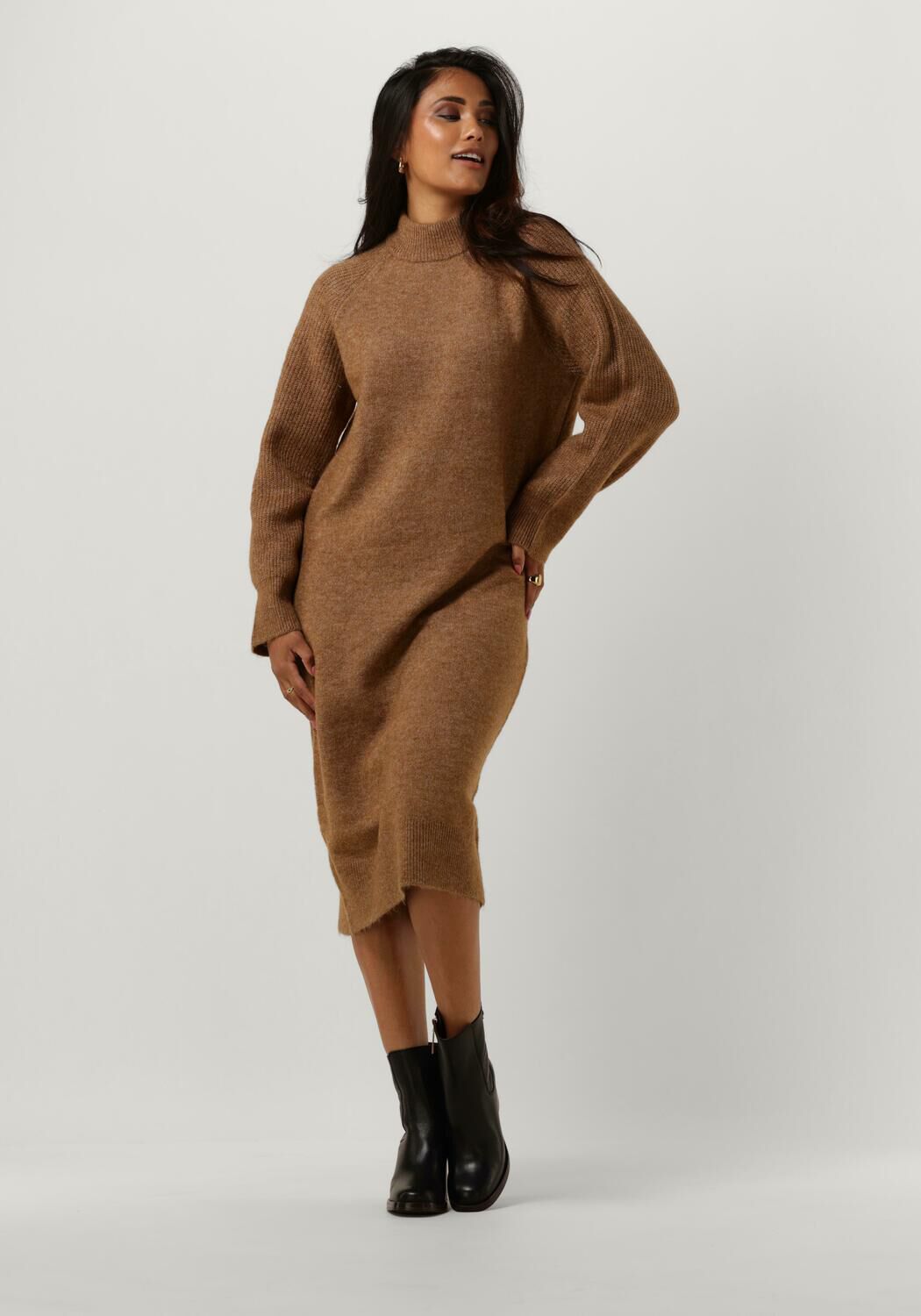 Bruine SELECTED FEMME Midi jurk SLFRENA LS HIGH NECK KNIT DRESS Omoda