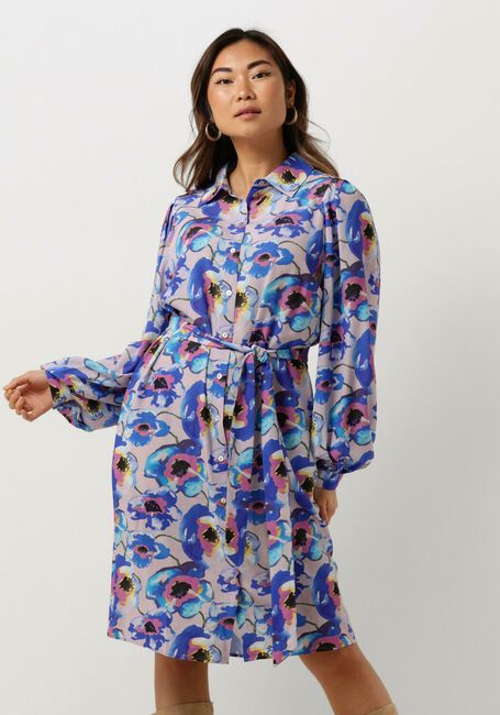 Blauwe JANSEN AMSTERDAM Mini jurk PF508 PRINTED LONG SLEEVE BLOUSE DRESS - large