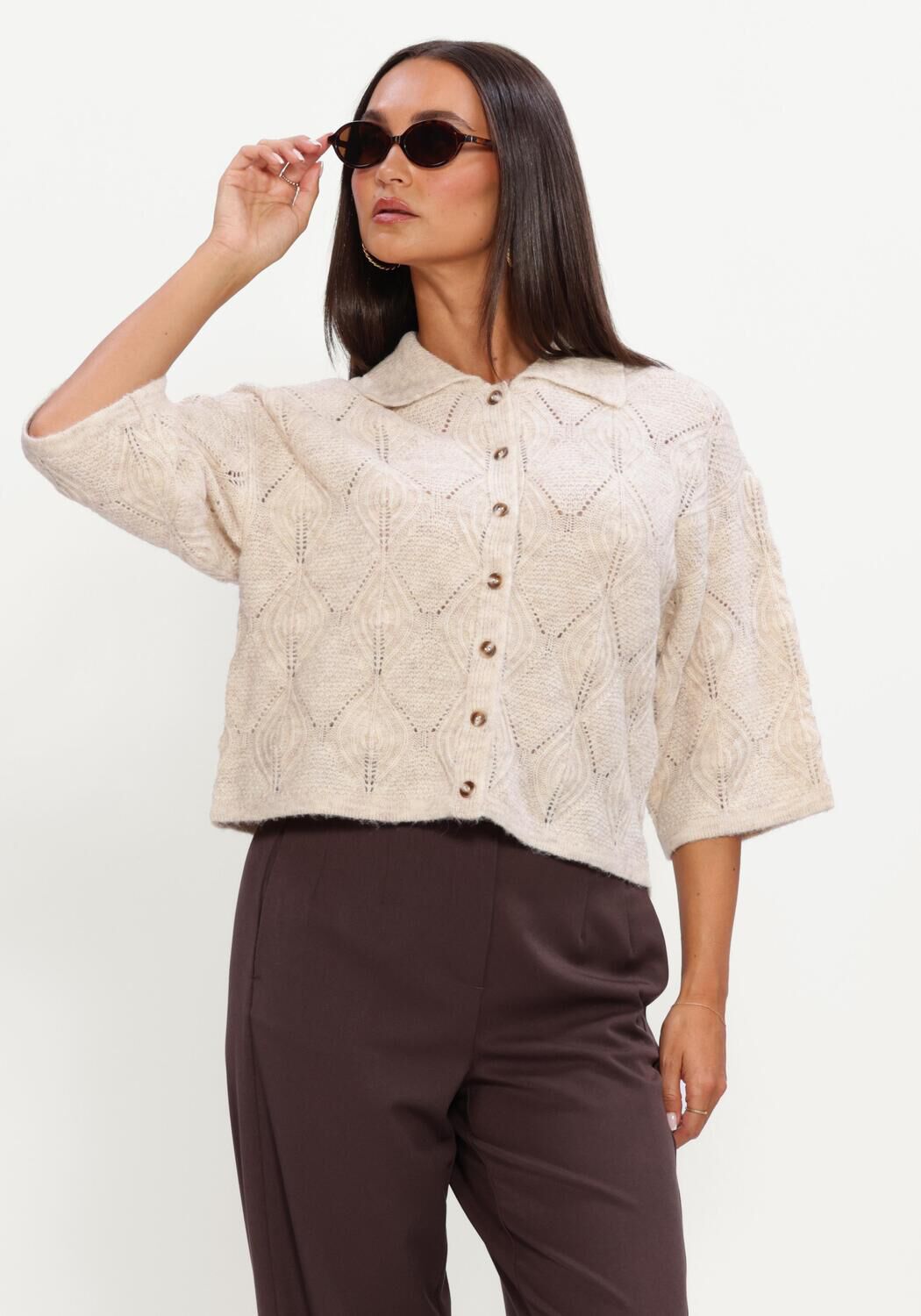 Beige OBJECT Trui OBJKAISA FLORA 3/4 LO KNIT CARDIGAN NOOS - large