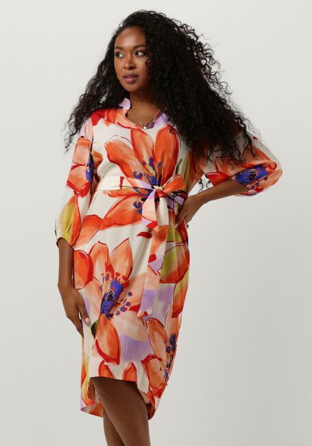 JANSEN AMSTERDAM Robe midi WBF514 WOVEN PRINT DRESS KNEELENGTH V-NECK 3/4 PUFFED SLEEVE en orange - large