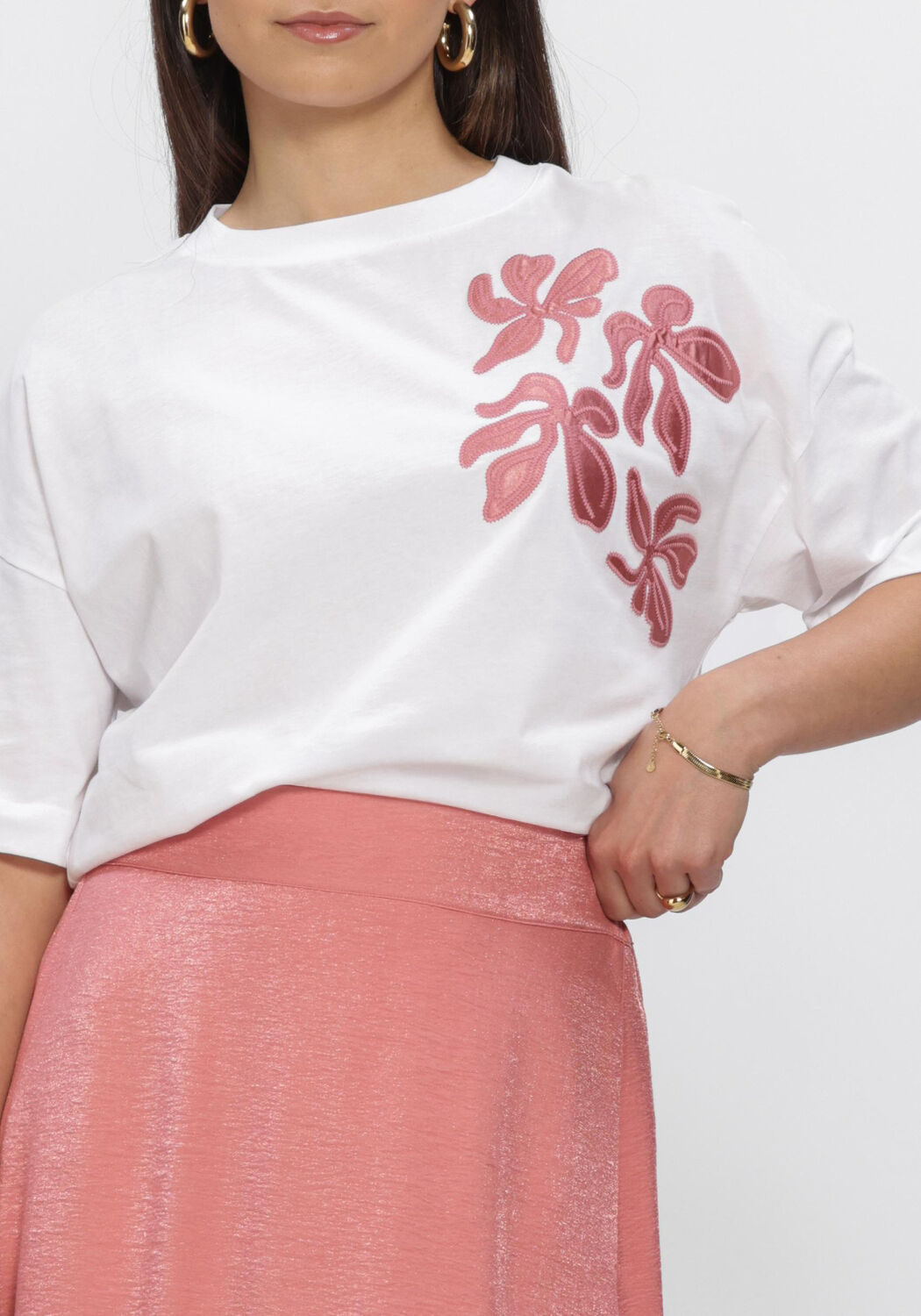 JANSEN AMSTERDAM RILEY SHIRT CO 184 SHORT SLEEVE WIDE FIT SATIN EMBROIDERY FLOWER Hauts & T-shirts en blanc - large