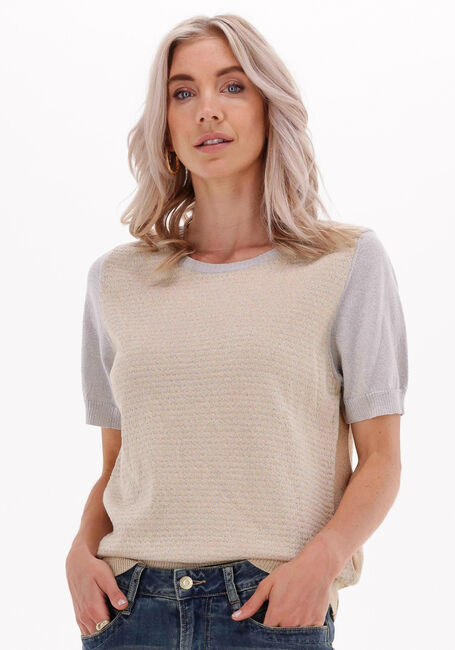 SUMMUM Pull SHORT SLEEVE SWEATER COTTON SHIMMER JACQUARD KNIT en beige - large
