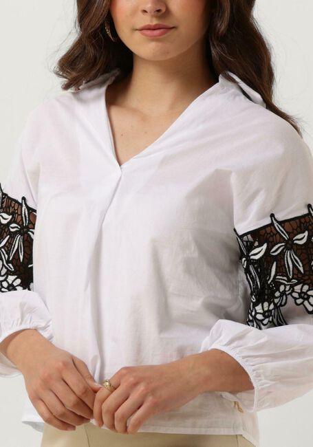 Witte JANSEN AMSTERDAM  CV777 COTTON VOILE BLOUSE WITH BLACK/WHITE LACE DETAIL 3/4 SLEEVE - large