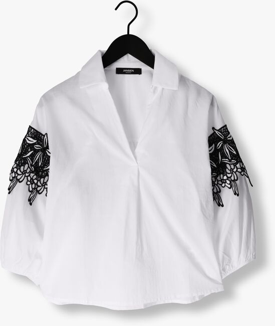 Witte JANSEN AMSTERDAM Blouse CV777 COTTON VOILE BLOUSE WITH BLACK/WHITE LACE DETAIL 3/4 SLEEVE - large