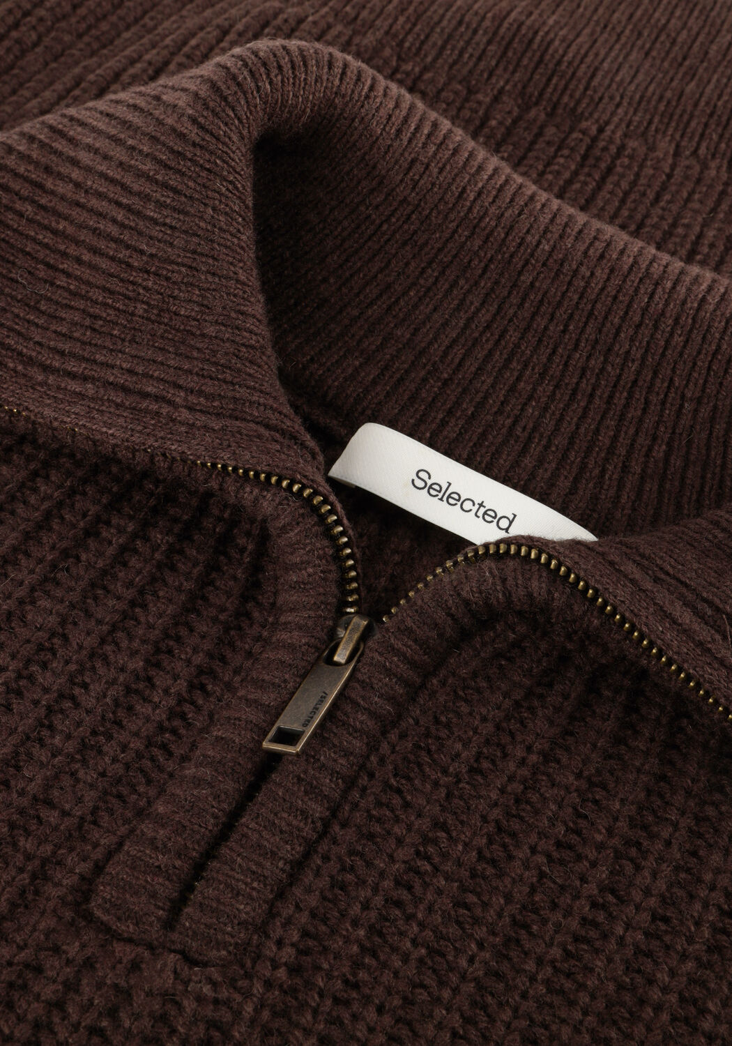 SELECTED MEN Pull SLHLAND LS KNIT HALF ZIP en marron - large