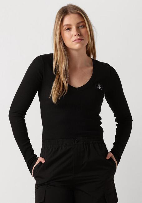 CALVIN KLEIN Longsleeves WOVEN LABEL V-NECK LONG SLEEVE en noir - large