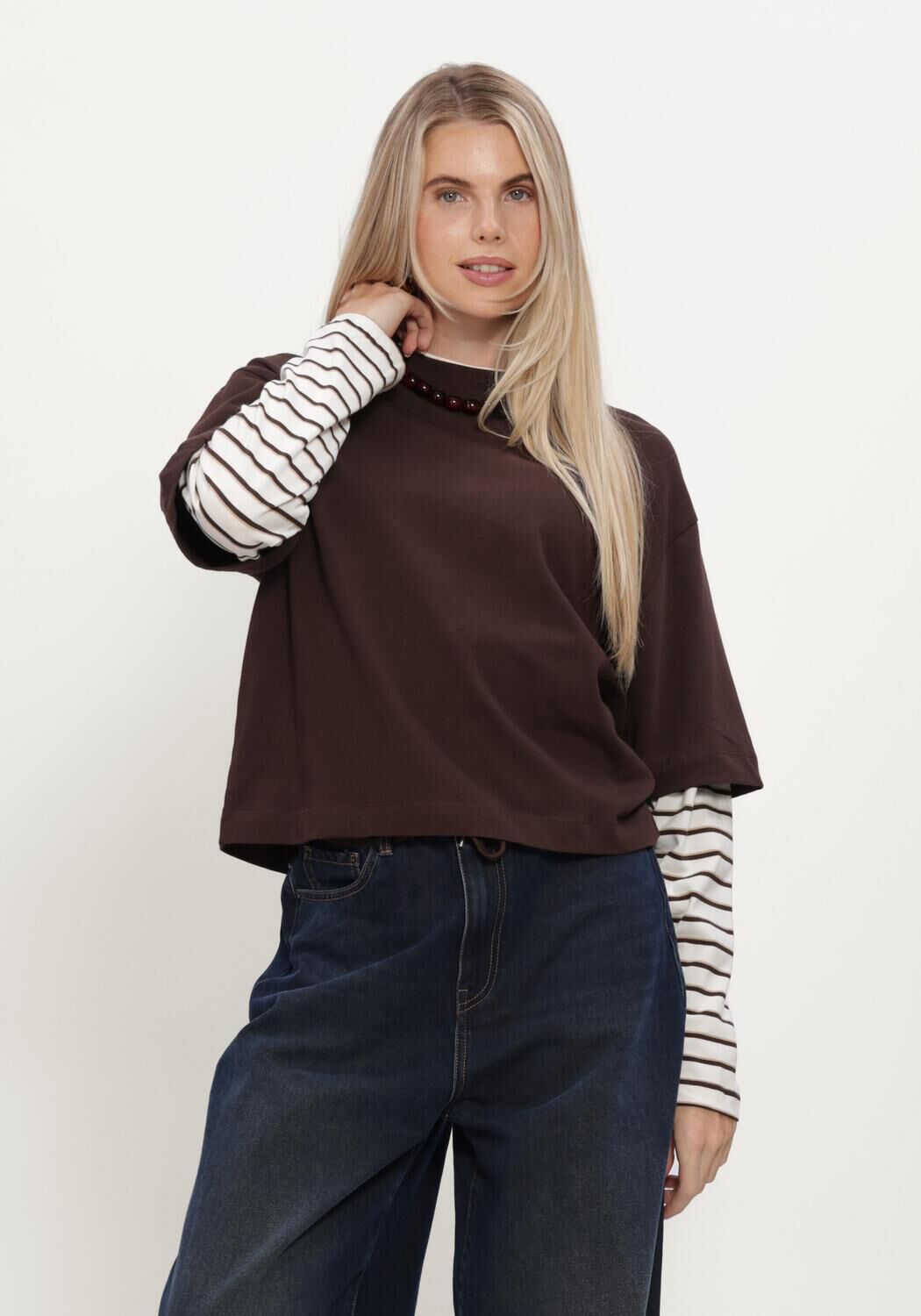 Bruine CATWALK JUNKIE Sweater LOOSE FIT TSHIRT WITH STRIPED SLEEVES - large
