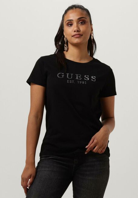 Zwarte GUESS T-shirt SS GUESS 1981 CRYSTAL EASY TEE - large