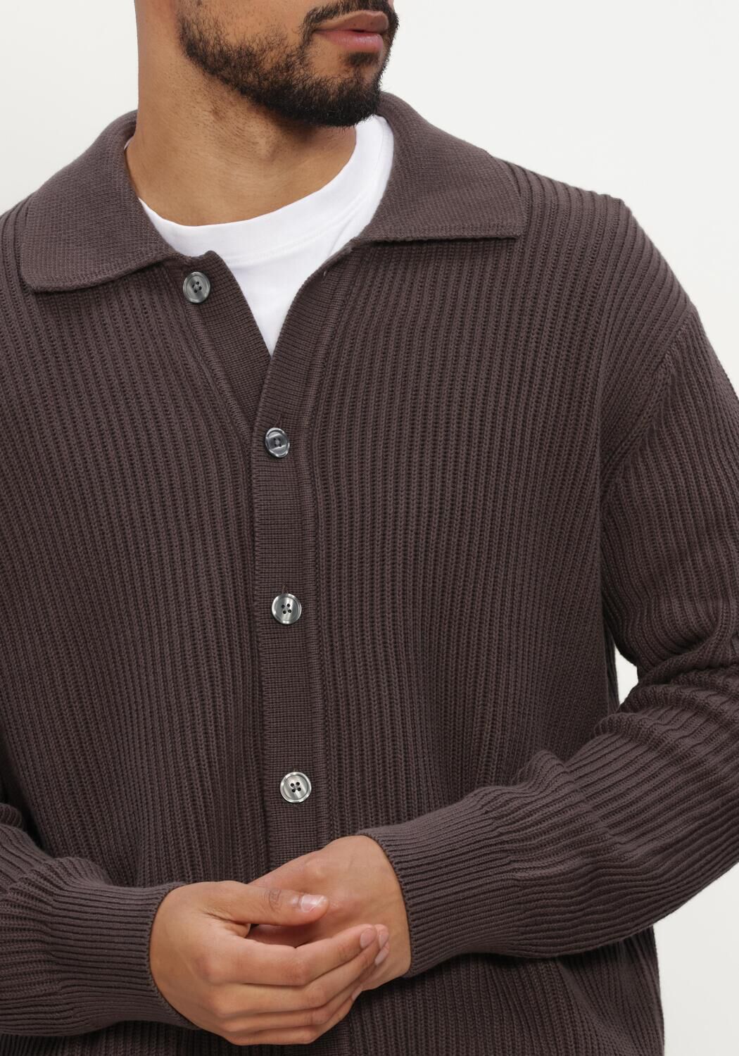 Bruine SELECTED MEN Trui LMDRY LS RIB POLO CARDIGAN - large