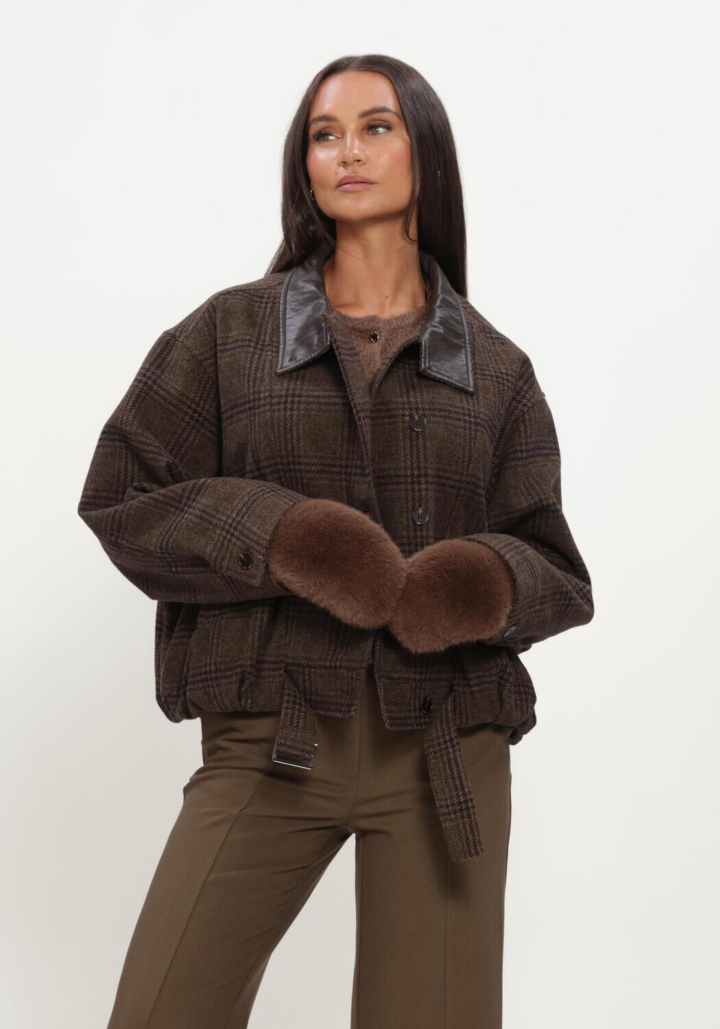 Bruine CO'COUTURE Jack OLVACC CHECK BALLOON JACKET - large