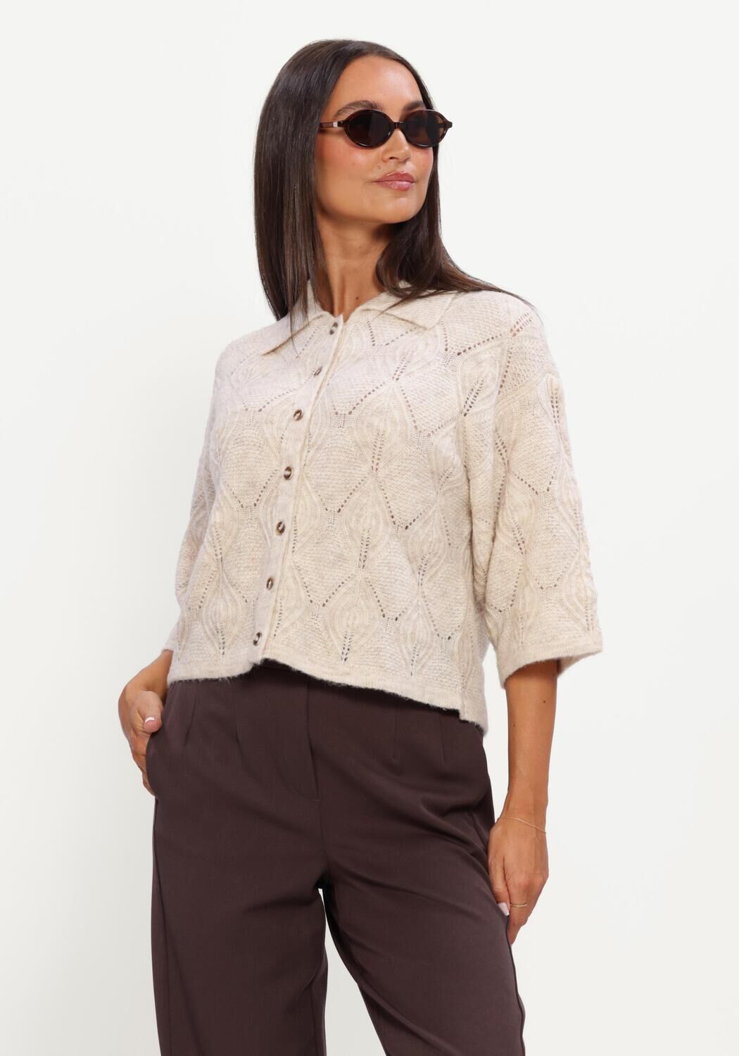 Beige OBJECT Trui OBJKAISA FLORA 3/4 LO KNIT CARDIGAN NOOS - large