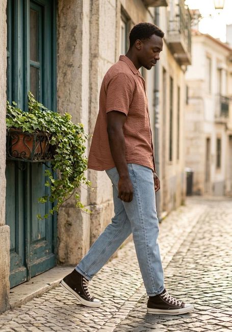Cognac ANERKJENDT Casual overhemd AKLEO S/S SEERSUCKER SHIRT - large