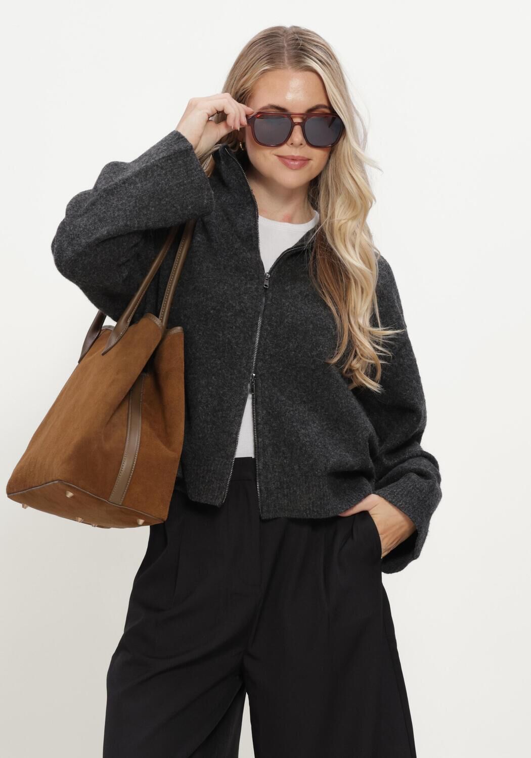 Donkergrijze NEO NOIR Trui ASLEY ZIP KNIT CARDIGAN - large