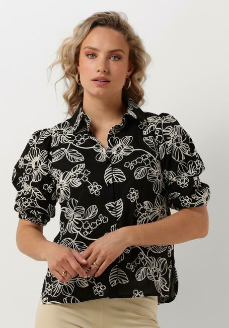 Zwarte JANSEN AMSTERDAM  WGE722 EMBROIDERED BLOUSE 3/4 PUFFED SLEEVE - large