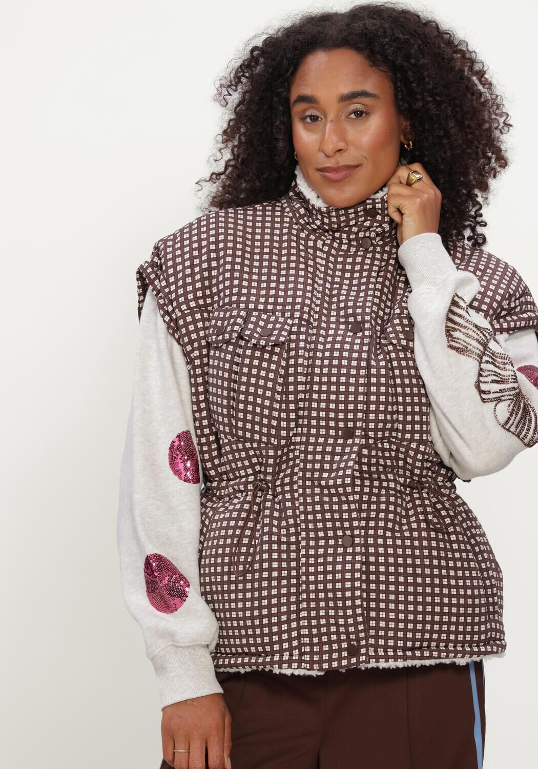 POM AMSTERDAM Veste sans manches GLEN BROWN CHECK en marron - large