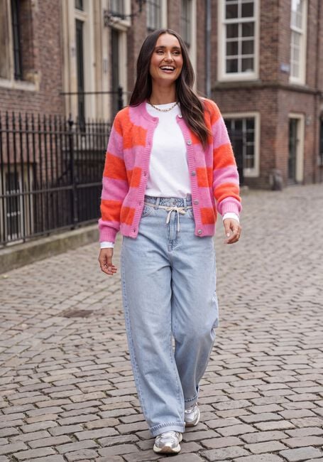 Roze TWNS Vest STRIPED BUTTONED ROUND NECK LONG-SLEEVE CARDIGAN - large