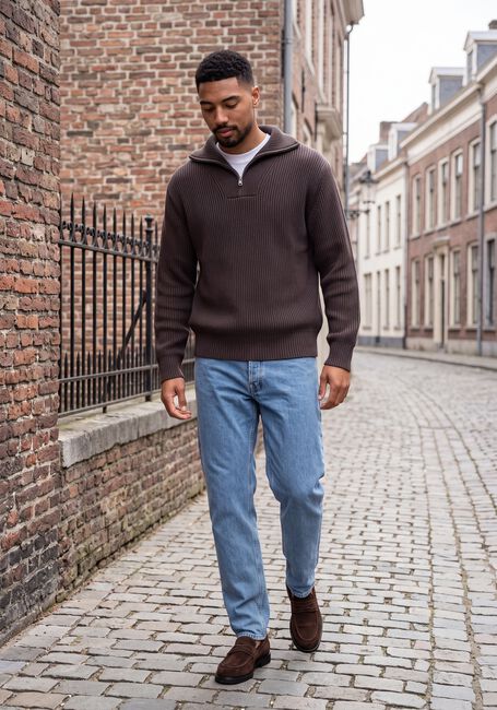 SELECTED MEN Pull SLMDRY LS KNIT HALF ZIP en marron - large